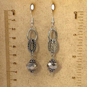 Handmade Pierced Earrings Silver-Grey Glass & Metal Dangle BOHO LA104
